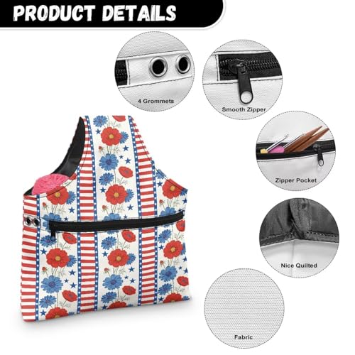Image of KUIFORTI Patriotic Flower Yarn Bag Crochet Tote Bag Holiday Yarn Storage Organizer Travel Wrist Tote Portable for Crocheting Knitting Accessories Independence Day Gifts