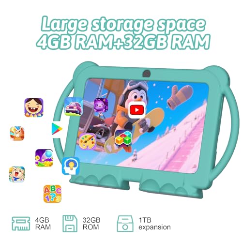 Image of HOTTABLET 7 Inch Android 12 Kids Tablet, 4GB RAM, 32GB ROM, 512GB Expansion, Parental Control, WiFi Bluetooth, Dual Camera with Silicone Case, 1PC (Green)