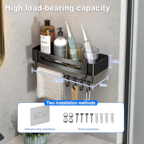 Image of Mustorn Bathroom Organiser Without Drill Adhesive Washroom Storage Organizer Wall Mounted Bath Shelves Gray Bathroom Stand Rack Caddy for Shower Rust-proof with Towel Bar (2-Pack, square)
