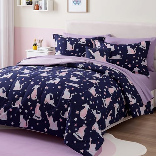 Full Size Comforter Set for Girls-4 Pieces Cat Patterns Full Bedding Set with 1 Comforter, 1 Decor Pillow &2 Pillow Shams