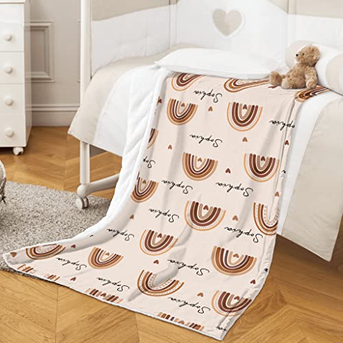 Image of Personalized Baby Blanket with Name, Custom Nursery Blankets with Boho Rainbow, Personalized Gifts for Newborn Infant Baby Girls, Easter Birthday Shower Gifts for Kids Girls