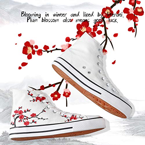 Kufeiti Women’s Embroidered High Top Canvas Sneakers White Floral Lace-Up Comfortable Casual Fashion Sneakers(Wf, Numeric_9) #TOP3