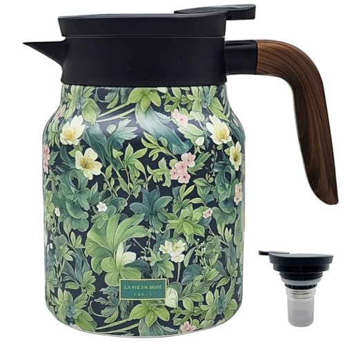 1000ml Smart Temperature Control Vintage Floral Tea Thermos Stainless Steel Insulated Mug with Built-In Filter Double Wall Vacuum Travel Tumbler for Hot Cold Drinks (Flowers and Plants)