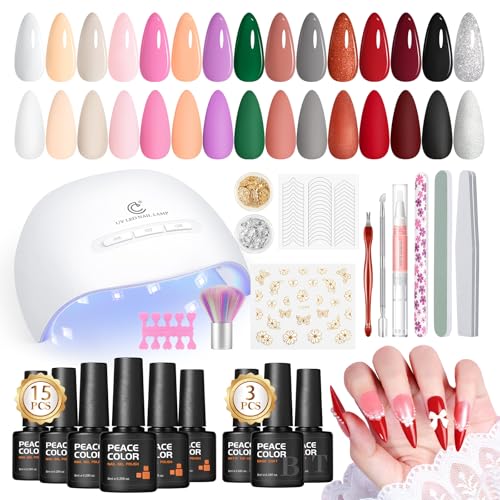 PEACECOLOR Kit Semipermanente Unghie con Lampada UV, 15 Colori Smalto Semipermanente Unghie con Base e Top Coat Matte, Nail Art Manicure Regalo per Donne