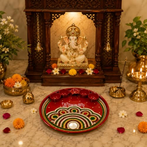 Image of Trendifly Decorative Metal Pooja Thali Set with 5 Diya Holder | Kundan Stone Mirror Work Puja Aarti Thali Set for Home Mandir Temple Room | Home Ceremony Pooja Wedding Baby Shower Return Gifts Items