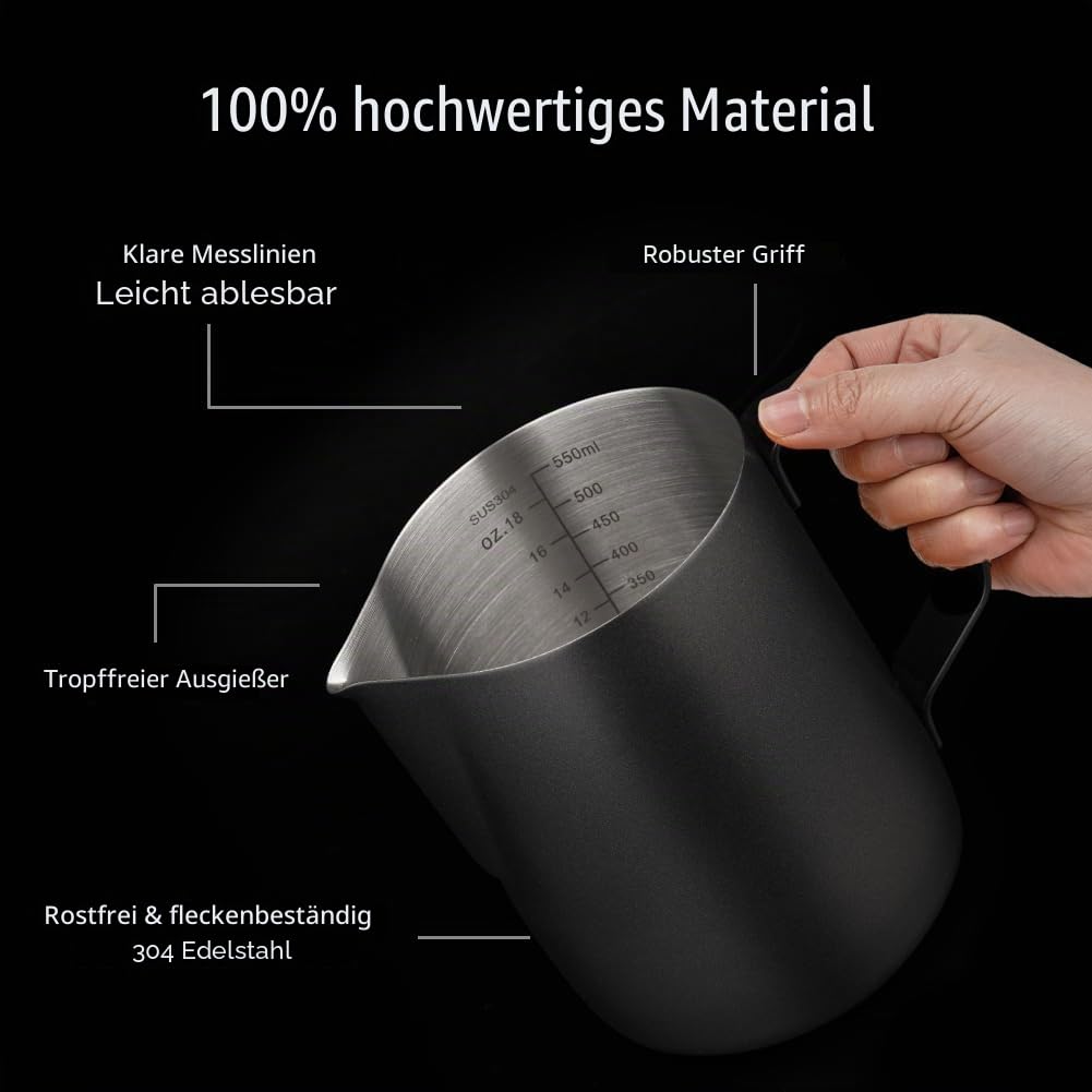 watchget Milchaufschäumkrug aus Edelstahl 20oz/600ml - Espresso-Dampfkrug für Cappuccino, Latte Art, Kaffeemaschinen-Zubehör, Milchkännchen, Kaffee-Aufschäumer-Becher, Schwarz