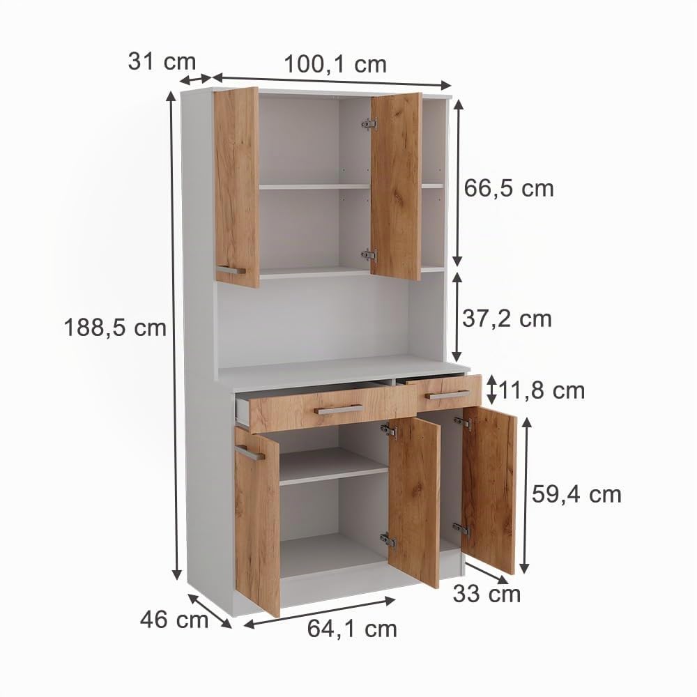 Vicco Küchenbuffet Raul, Weiß/Goldkraft Eiche, 100.1 x 188.5 cm | mit 5 Türen & 2 Schubladen, mit offener Geräteablage und erweiterbarem Stauraum