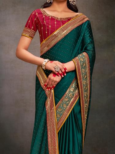 Image of AKHILAM Women's Pink Satin Silk Embroidered Saree with Unstitched Blouse Piece (SANCHI3001 SUM Parent)