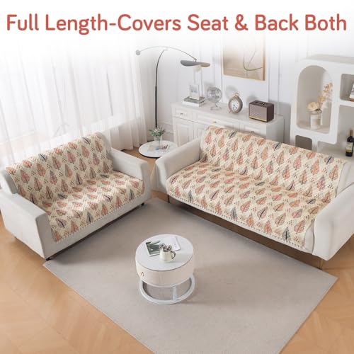Image of HOKIPO Royal Kalamkari Quilted Sofa Cover 5 Seater with Tassels - (3+2) for Seat & Back | 'Tassel Twigs' Series (IN-991-T2 + IN-990-T2)