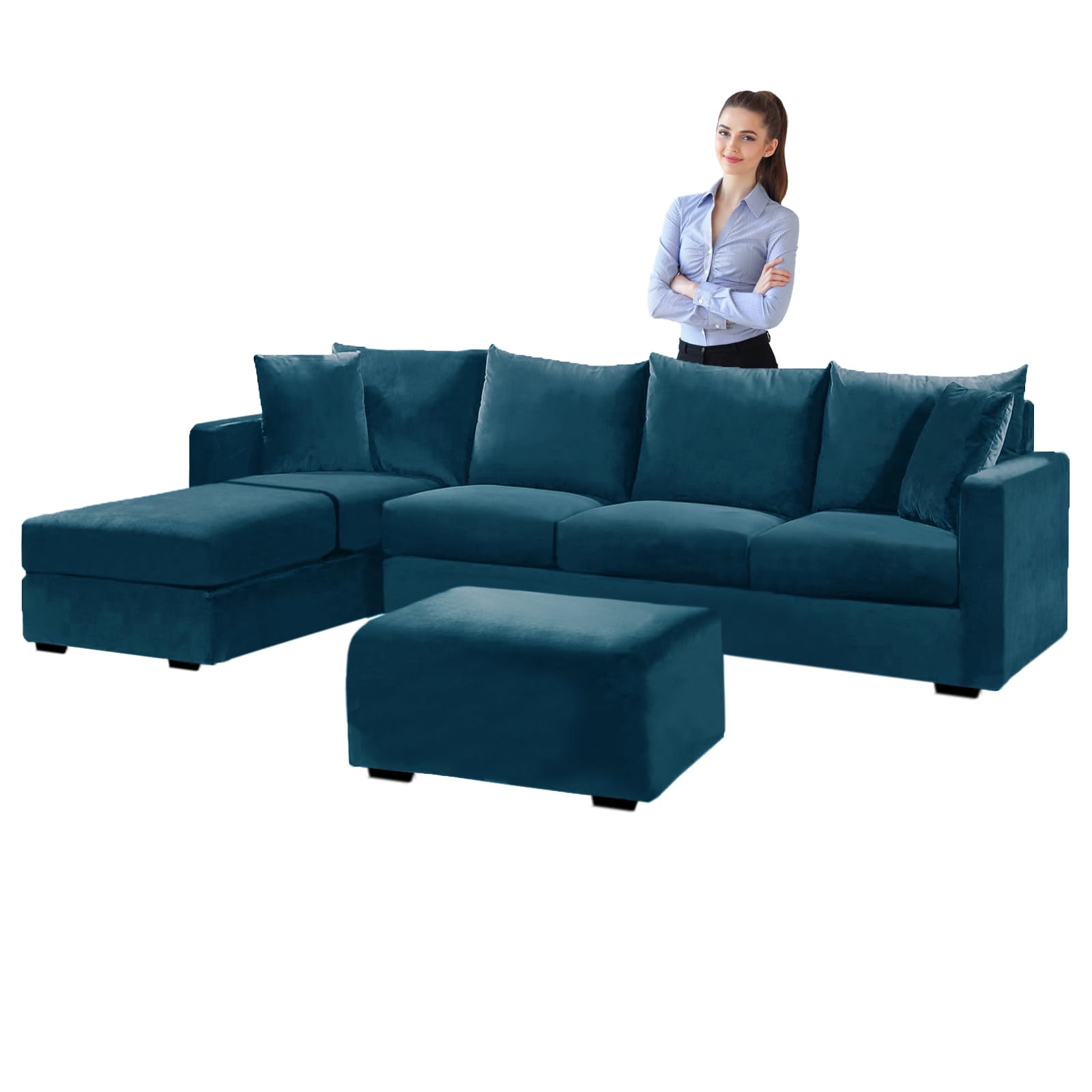 SYLC Velvet Sofa Covers L Shape, Stretch Corner Sofa Cover with Cushion Covers, Couch Cover Friheten Cover for U Sectional Sofa (Dark teal,Stool Square-S)