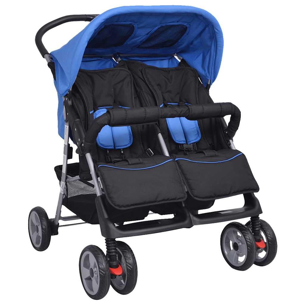 vidaXL Poussette à Deux Places Acier Bleu et Noir Pliable Landau d'enfant Bébé