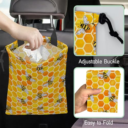 Image of Watercolor Bees Car Trash Bag,Honeycombs Hanging Drawstring Car Garbage Bag,Waterproof Canvas Car Back Seat Organizer with Adjustable Buckle,for Vehicles,SUVs,Camping,Road Trips