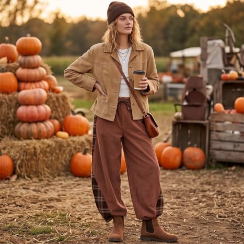 Women's Corduroy Pants Grunge Plaid Patch Work Barrel Pants - image 4