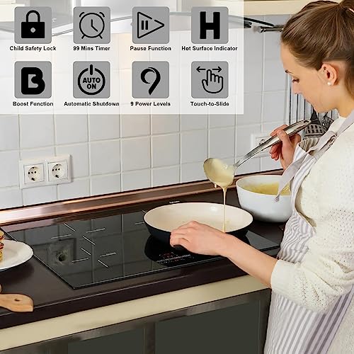 Image of Karinear 30 Inch Induction Cooktop, 4 Burners Electric Stove top, 240V | Sensor Touch Control, 9 Power Level Drop-in Induction Stove top, Child Safety Lock, Timer, 7200w, No Plug(come with a pot)