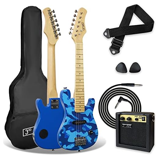 3rd Avenue Pack de guitarra eléctrica de tamaño 3/4 para niños principiantes de 3rd Avenue, amplificador portátil de 5 W, cable, funda de transporte, púas y correa, Azul camuflaje