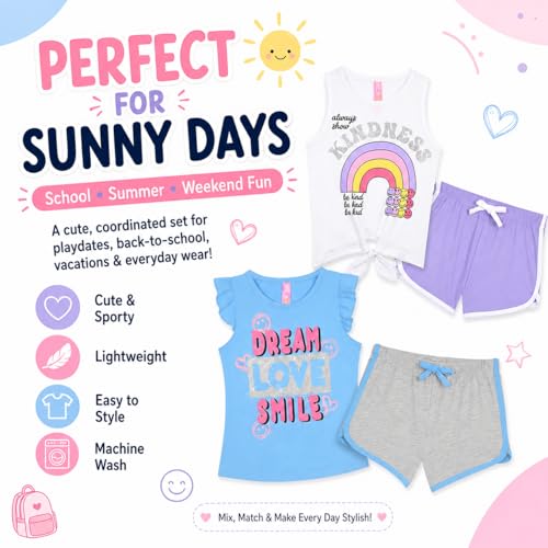Image of Dreamstar Girls 4 Piece Outfit Set - Sleeveless Graphic Top with Dolphin Shorts, Cute Summer Matching Set for Kids and Tweens