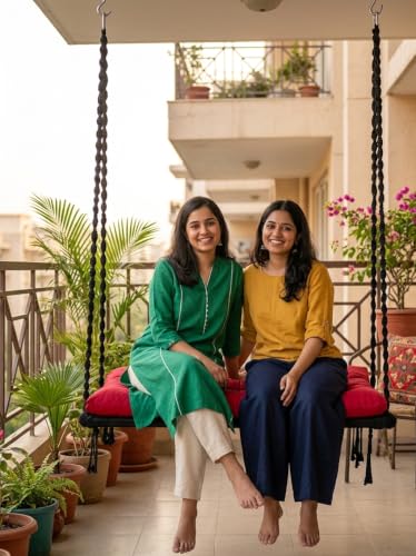 Image of Patiofy Double Seater Plank Swing for Adults and Kids | Indoor and Outdoor Use | Jhula for Adults with Cushion and Hanging Kit | Weight Capacity - 150 Kg - Black