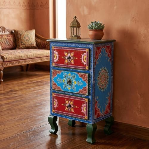 Image of Wooden Bedside Table for Bedroom | 3 Drawer Side Table | Handpainted Rajasthani Chest of Drawers | Solid Wood Small Bedside Table with Drawer Storage for Living Room (Handpainted-3)