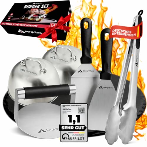 BERGVIBES Smash Burger Set 6 TLG. aus Edelstahl für Plancha, 2 Burgerglocken, Burgerpresse, Smasher, Pattywender, Grillzange, Burger Smasher Set, das ideale Geschenkset (Exklusive)