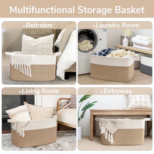 Goodpick Large Woven Blanket Basket, 21.6" x 14.9" x 11.8" Storage Baskets for Organizing, Rectangle Cotton Rope Toy Basket for Living Room, Bedroom, White & Brown