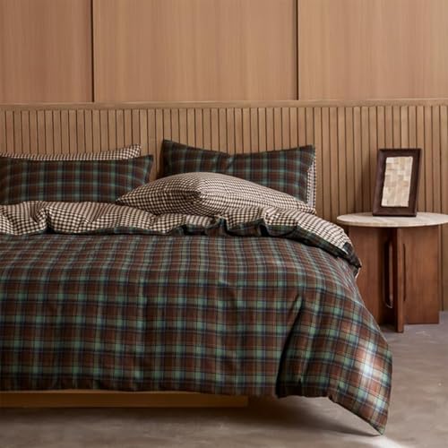 Image of Gingham Duvet Cover King Size Brown Green Plaid Checkered Reversible Bedding Set 3 Pcs Vintage Tan Grid Soft Lightweight Microfiber Comforter Cover Set with Zipper Closure and 2 Pillowcases
