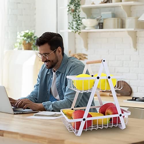 Seahelms 2-Tier Countertop Wire Fruit Basket with Avocado Divider,Kitchen Fruit Bowl Stand Bread Basket Vegetable Rack for Fruit, Vegetables, Home, Kitchen Storage Holder (White)