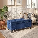Joveco Storage Ottoman Bench Microfiber Rectangular Button Tufted Footstool (Dark Blue)