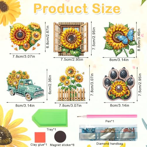 Image of PATPAT 6 Pcs DIY Sunflower Fridge Magnet Diamond Art Kit, 6-Designs Art Refrigerator Magnet Diamonds Paint Ornament Home Decor, Home Decorative Diamond Painting Kit for Kids & Adults