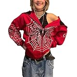 Kodaruber Women Y2K Spider Web Hoodies Punk Jackets Streetwear Goth Harajuku Oversized Vintage Graphic Full Zip Up Hoodie(Red,Medium)