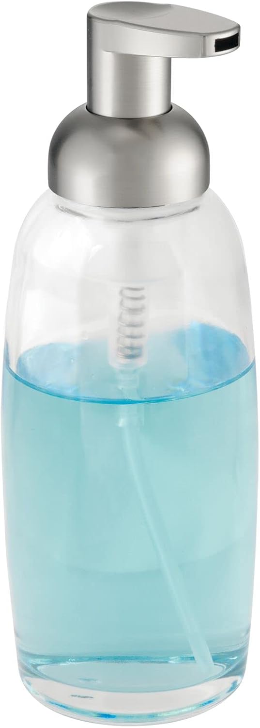 mDesign Refillable Glass Foaming Hand Soap Dispenser - Foam Soap Pump Bottle Container for Bathroom Counter Top - Decorative Foam Soap Dispenser - Malloy Collection - 4 Pack - Clear/Brushed Chrome