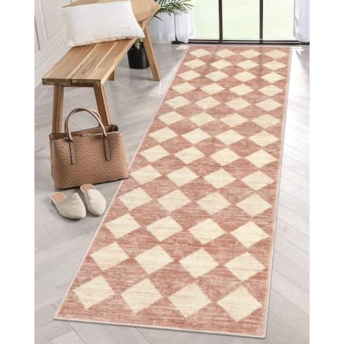 Lahome Moroccan Treills Runner Rug - 2x8 Washable Hallway Rug Runner, Non Slip Rugs for Living Room Hardwood Floors, Checkered Modern Soft Carpet Runner for Entryway Bathroom, Beige 2' x 8'