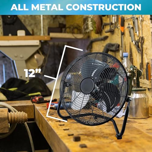 EZ-CHILL 12&rdquo; Cradle Floor Fan, 3 Speed, High Velocity, 180 Degree Adjustable Tilt, All-Metal, Carry Handle, Rubber Feet, Airflow 15.42 ft/sec, Ideal for Home, Bedroom & Office, Black