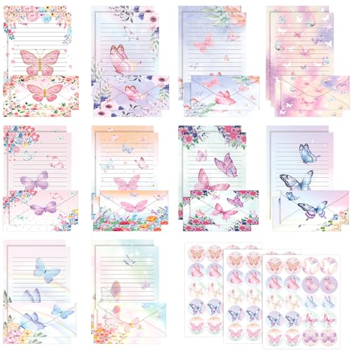Image of TaoBary 160 Pcs Stationery Paper Set 50 Double Sided Stationery Papers with 50 Matching Envelopes and 60 Round Dot Sticker, 10 Design(Watercolor Butterfly,8.5 x 11 Inch)