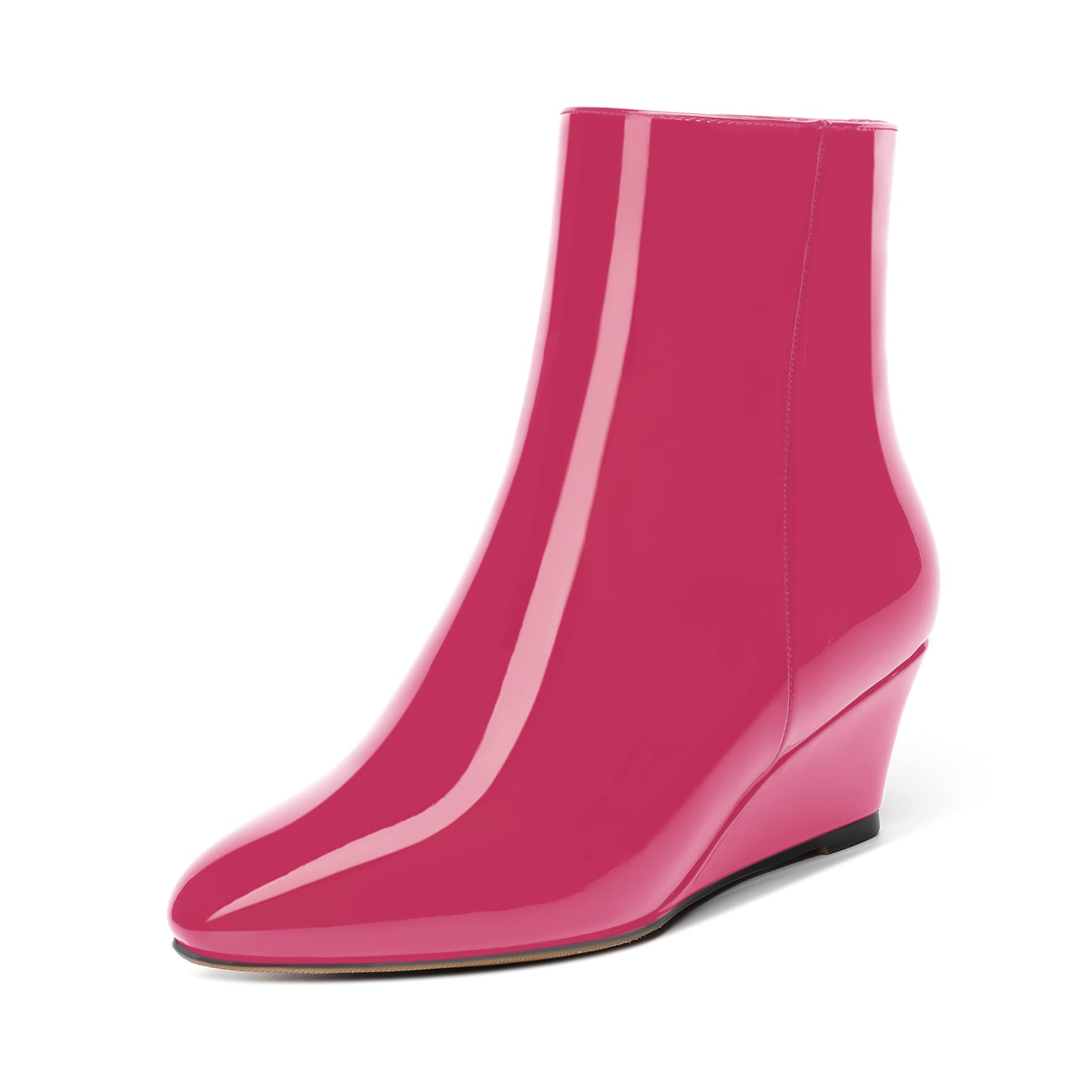 MOVINSTEPS Womens Casual Zip Outdoor Solid Round Toe Patent Wedge Low Heel Ankle High Boots 2 Inch