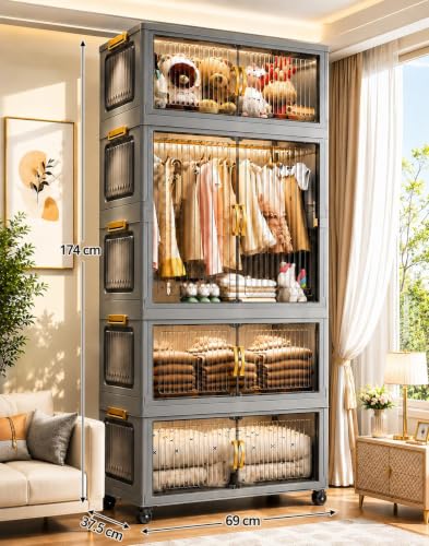 Image of Plastic Wardrobe for Cloths | 4 Layer Stackable Almirah with Hanging Rod, Transparent Doors, Wheels | Foldable Storage Cabinet Organizer for Clothes /Books /Toys
