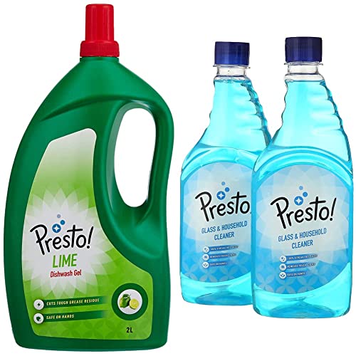 Image of Dish Wash Gel - 2 L (Lime) and Amazon Brand - Presto! Glass and Household Cleaner Refill - 500 ml (Pack of 2)