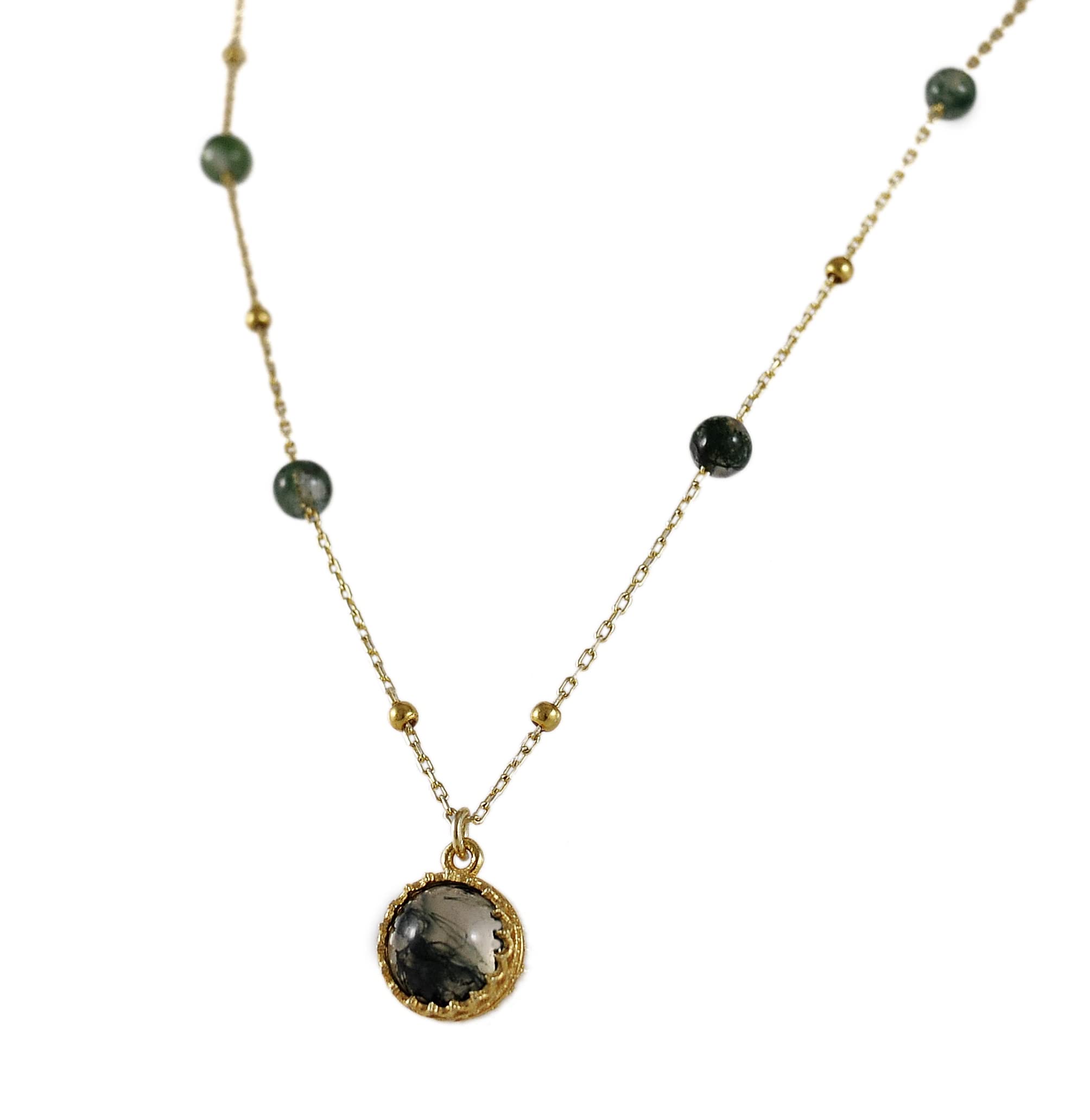 Goldkette Damen 925 - Moosachat - Kette - Halskette Damen - Geburtstag - Vergoldete Kette 45 cm - Geschenk für Sie - Schmuck Geschenk - Handmade