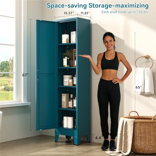 Image of 67 inch Tall Storage Cabinet with Reversible Doors and Adjustable Shelves,Metal Slim Freestanding Cabinet for Bathroom Kitchen Garage Small Spaces,Blue,5-Tier 1 Pack