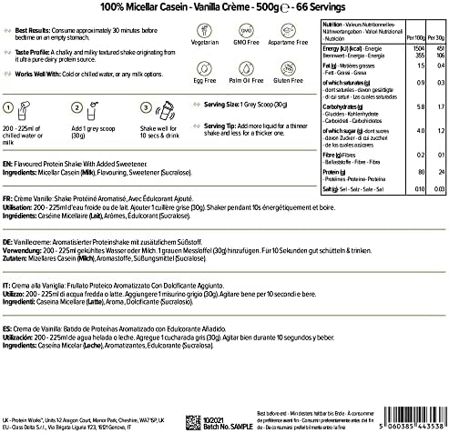 100% Micellar Casein Protein Powder | Slow Release Protein Shake | Amino Acids | High Protein | Protein Works | Vanilla Crème | 500 g