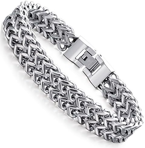 FIBO STEEL Stainless Steel 12MM Two-strand Wheat Chain Bracelet for Men Punk Biker Bracelet,8.0 inches Silver-tone
