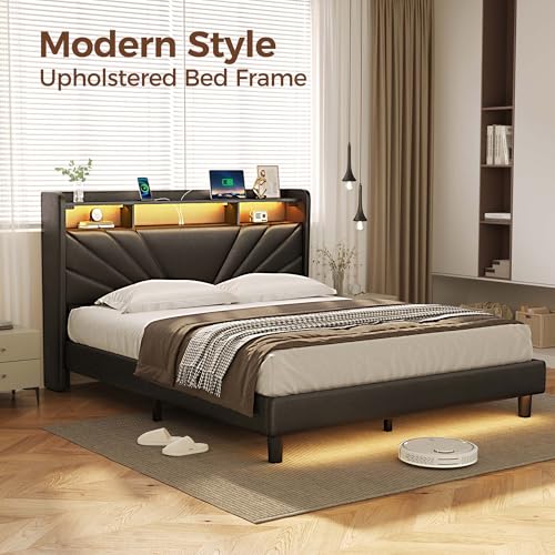 Image of Rolanstar Queen Size Bed Frame, Storage Headboard with Charging Station and LED Lights, Upholstered Bed with Heavy Duty Wood Slats, No Box Spring Needed, Noise Free, Easy Assembly, Black
