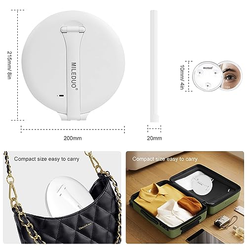 Mileduo Travel Makeup Mirror With Lights, 8" Foldable Vanity Mirror With 15X Magnification Pocket Mirror,46 Led Dimmable Make Up Mirror Portable Rechargeable Makeup Mirror,3 Colors Light #TOP6