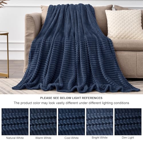 Image of BEDELITE Fleece Blanket Full Size for Couch - 3D Ribbed Jacquard Soft and Warm Decorative Fuzzy Blanket - Cozy, Fluffy, Plush Lightweight Navy Throw Blankets for Bed, Sofa, 84x90 inches