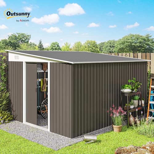 Outsunny Metall Gerätehaus 280x345x201cm 19,4m³ Gartenhaus mit Pultdach Schiebetür wetterfest Geräteschuppen Schuppen Outdoor Schrank für Außenbereich Hinterhof Anthrazit Garten, Grau