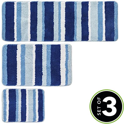 Mdesign Soft Microfiber Polyester Spa Rugs For Bathroom Vanity, Tub/Shower - Water Absorbent, Machine Washable - Plush Non-Slip Rectangular Accent Rug Mat - Striped Design, Set Of 3 Sizes - Blue #TOP3