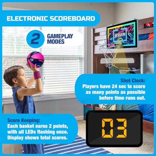 Jesser Hoop Over The Door Mini Basketball Hoop – 2 Gameplay Modes: Shot Clock or Score Keeping, 5" Exclusive Ball, Electric LED Scoring, Net, Air Pump - Indoor Sports Fun for Kids 6+