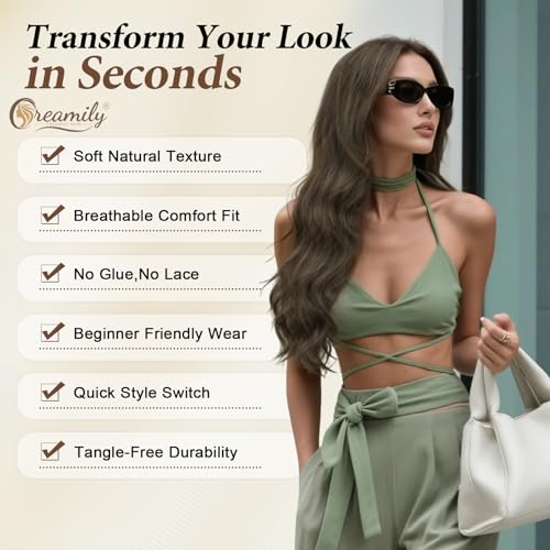 Image of Creamily Long Brown Wigs For Women,22 Inch Body Wave Synthetic Wig With Middle Part, Natural Looking Heat Resistant Fiber Hair Wig For Daily Party Use (Brown,22 Inches)