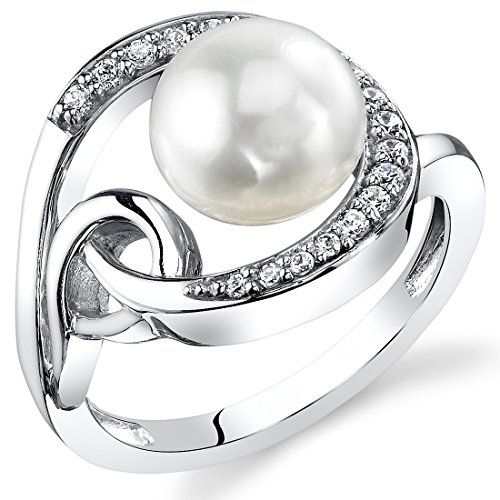 PEORA Freshwater Cultured White Pearl Halo Knot Ring in Sterling Silver, 8.5mm Round Button Shape, Comfort Fit, Sizes 5 to 9