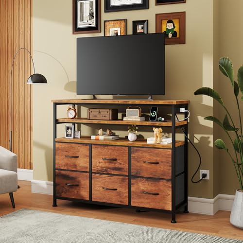 Image of NEWBULIG Dresser TV Stand with 6 Fabric Drawers and 2 Shelves, TV Media Console Table for Up to 45 inch, Entertainment Center with Charging Station for Living Room Bedroom, Rustic Brown