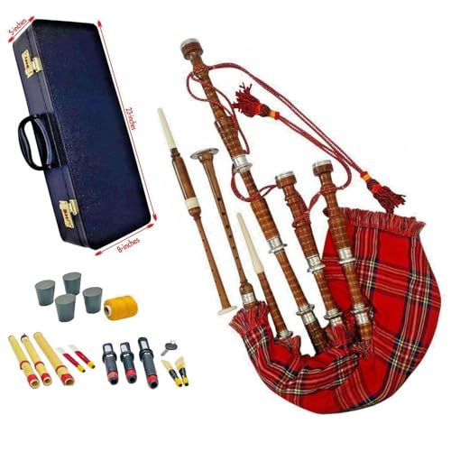 Premium Quality Scottish Great Highland Bagpipes Natural Finish Silver Mounts Royal Stewart Cover with Hard Case Tutor Book Reeds